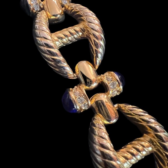 Vtg 80s cabochon Gems and Rhinestones Gilt metal rope twist link Bracelet - Picture 7 of 10